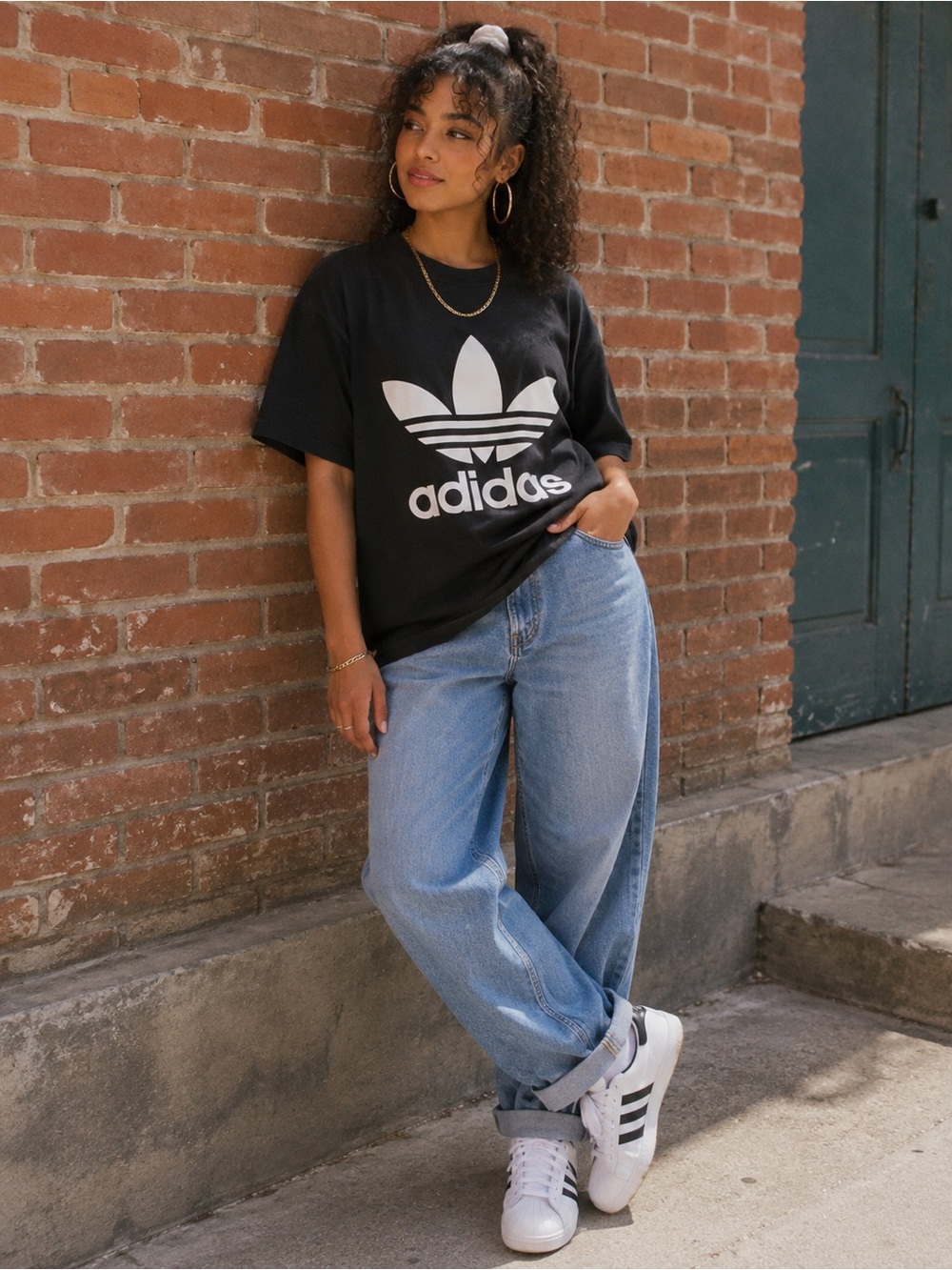 adidas Black Logo Tee Black and White Y2K